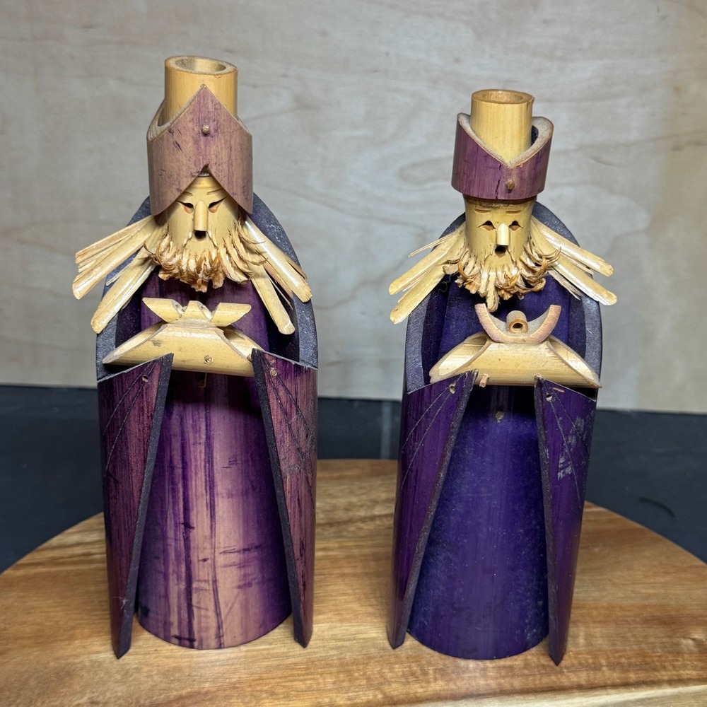 Vintage Hand Carved Bamboo Wise Men Nativity Figurines Purple Folk Art Set of 2